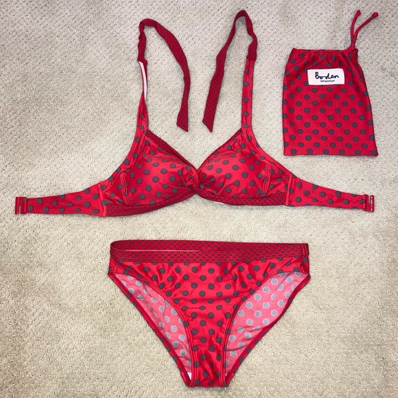 Boden Swim Boden Red And Grey Polka Dot Bikini Set With Bag 6